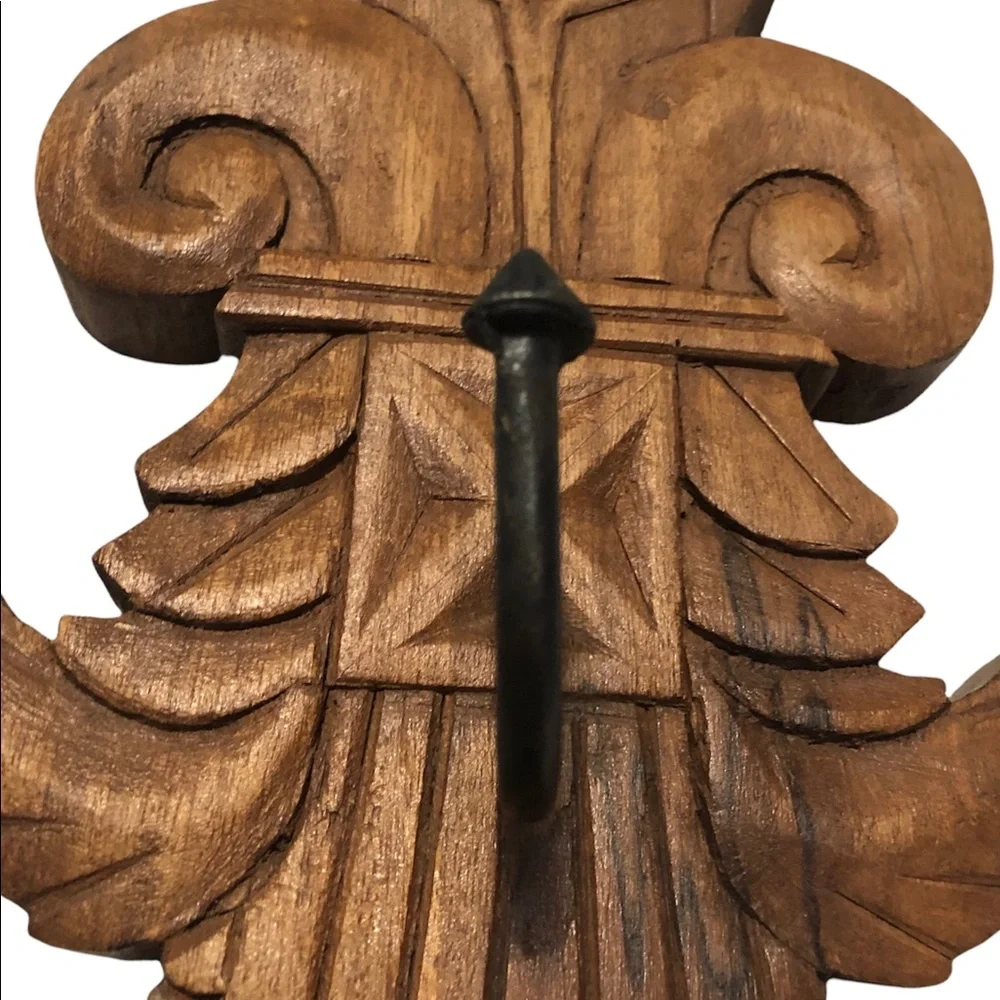 Vintage Rustic Solid Hand Carved Wood Wall Hanging With Hook 14.75”X6.5”